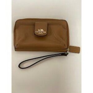 Coach Brown/Tan  Leather Wristlet Wallet , Phone Snap Closure & Card‎ Slots ZIP